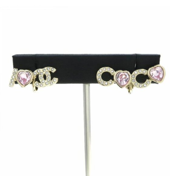 CHANEL CC Logos Pink Rhinestone Heart Clip-On Earrings Gold Tone - Picture 3 of 10